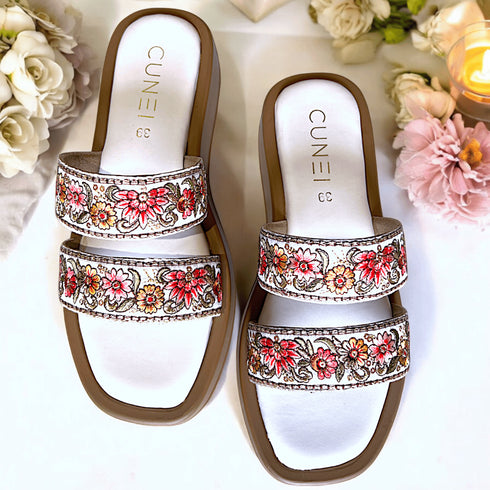 Two Strap Flowery Thread Work Embroidered Slider