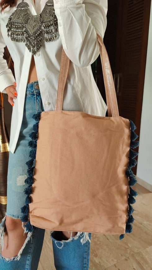 Velvet Peach Blue Banjara Handcrafted Embroidery Tote Bag