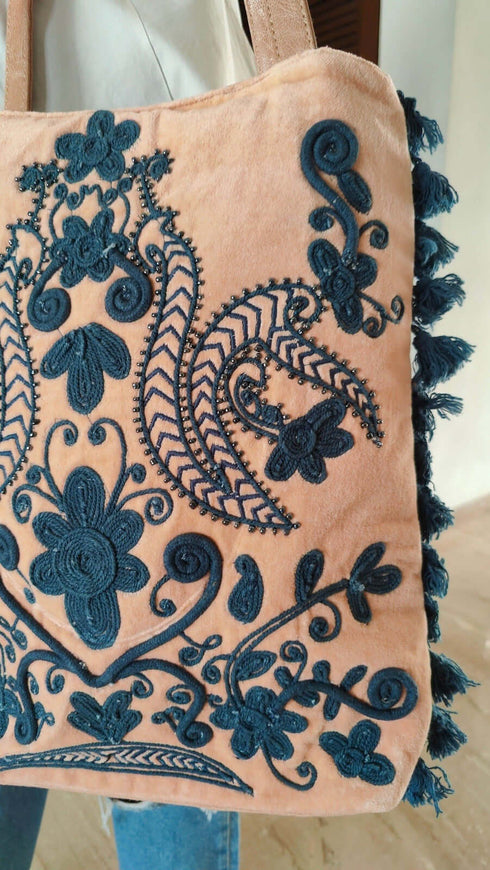 Velvet Peach Blue Banjara Handcrafted Embroidery Tote Bag