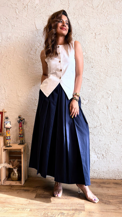 White Blue Blazer Skirt Set