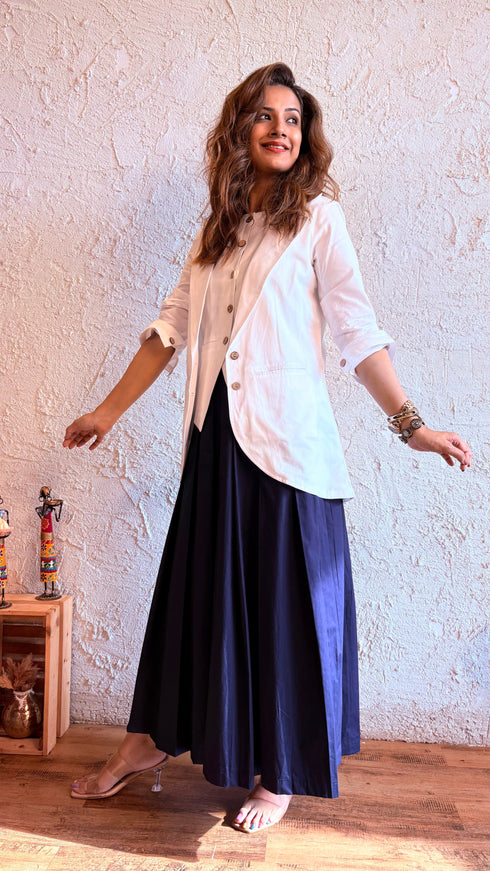 White Blue Blazer Skirt Set