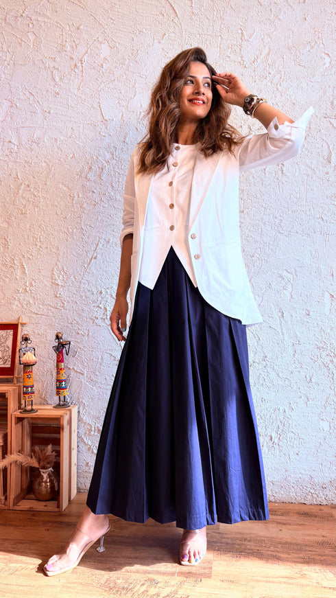 White Blue Blazer Skirt Set