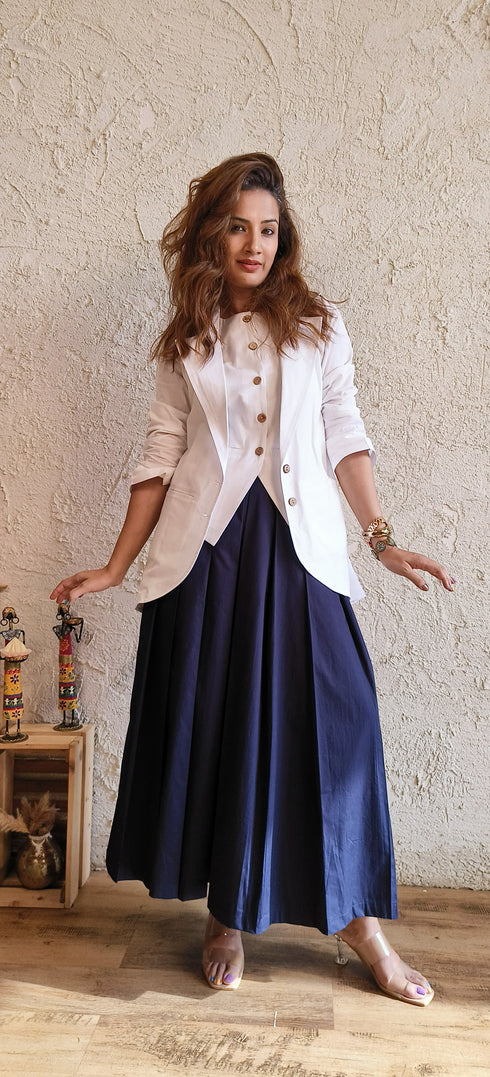 White Blue Blazer Skirt Set