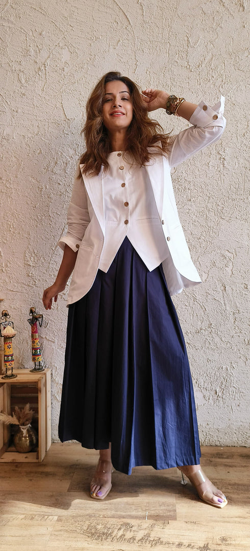 White Blue Blazer Skirt Set