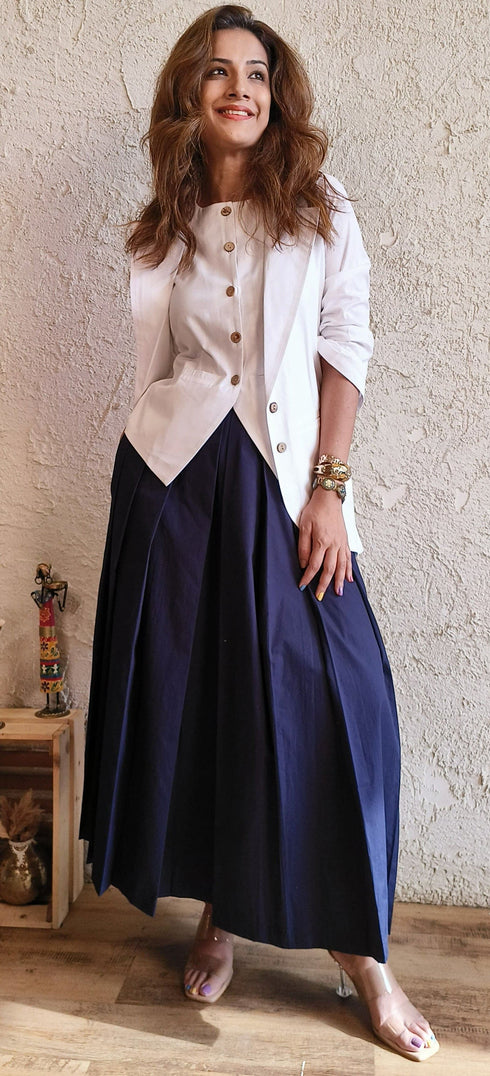 White Blue Blazer Skirt Set