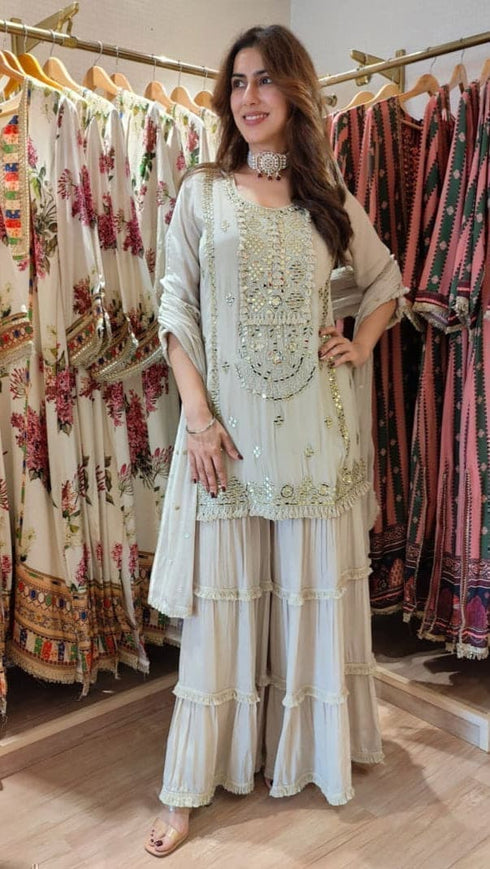 Champagne Grey Mirror Embroidered Sharara Set