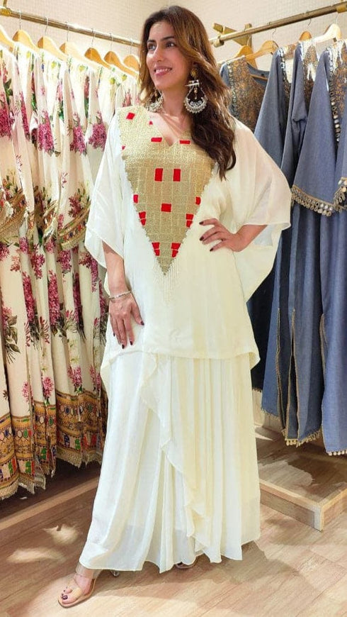 Kareena Ivory White Kaftan Top With Drape Skirt