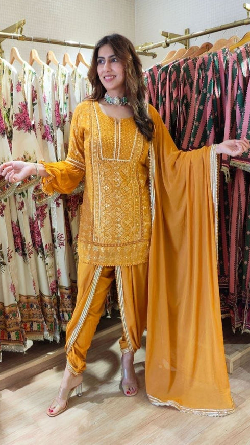 Mustard Chikan Set With Duppatta