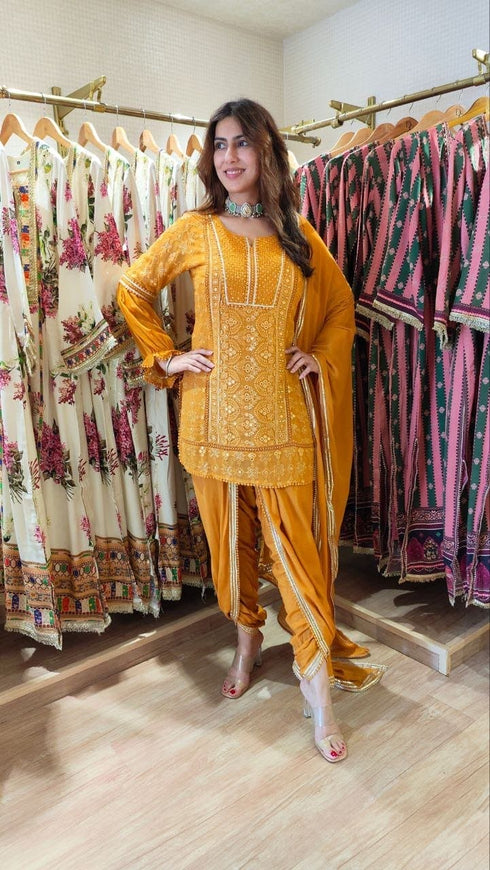 Mustard Chikan Set With Duppatta
