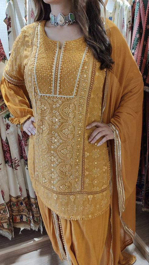 Mustard Chikan Set With Duppatta