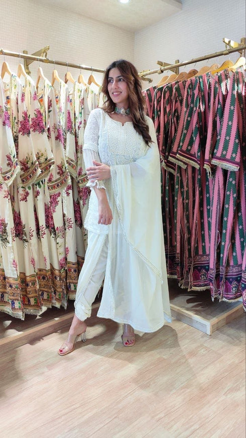 White Chikan Set With Duppatta