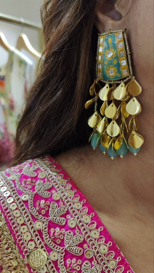 Turquoise Golden Leaf Dangler Earrings