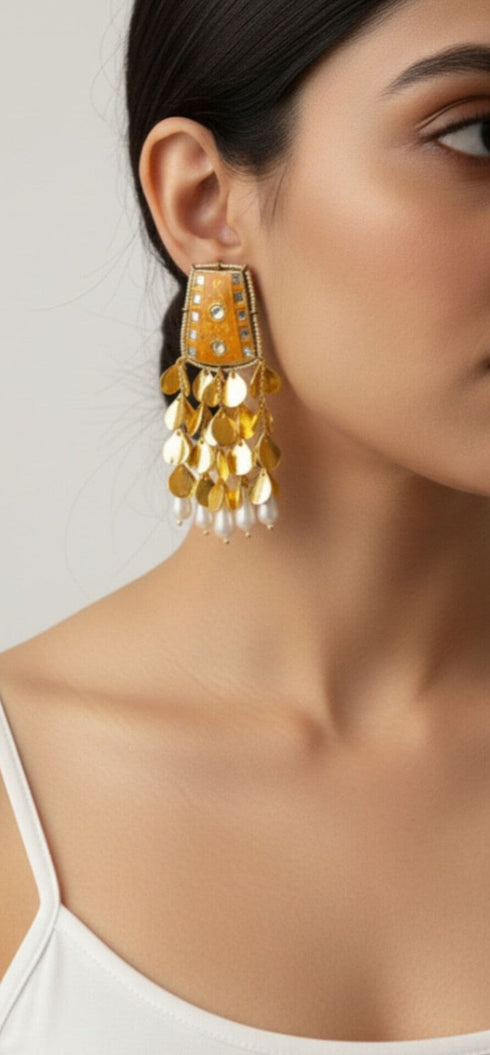 Peach Golden Leaf Dangler Earrings
