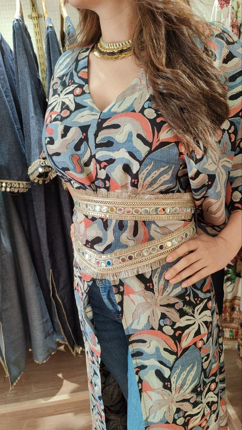 Black Leaf Kaftan With Belt