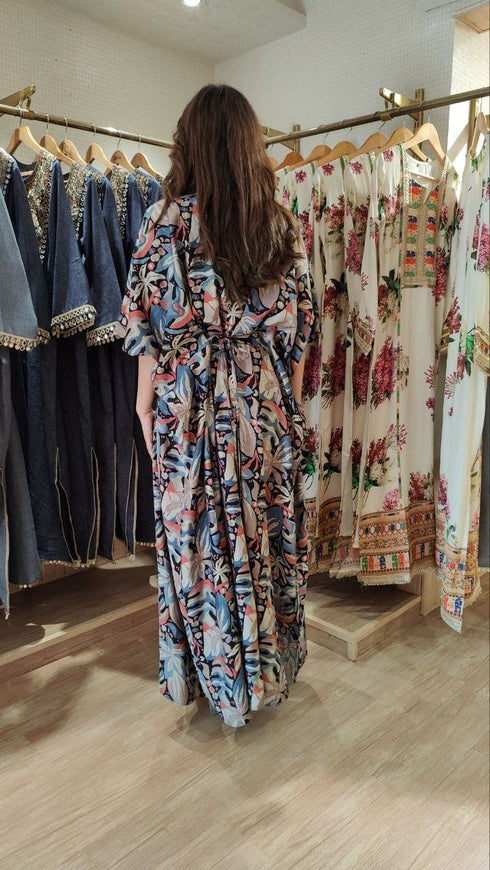 Black Leaf Kaftan With Belt