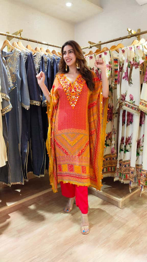 Red Orange Kaftan With Pants