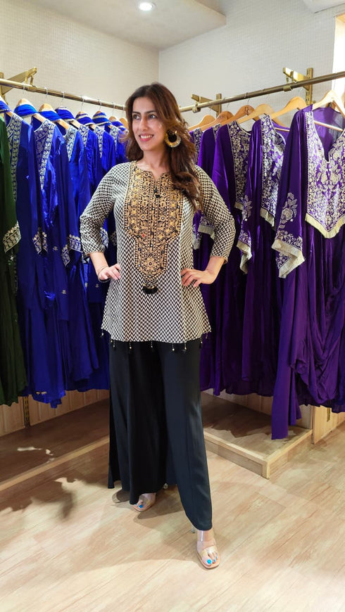 Criss Cross Black White with Gold Embroidery Coord Set