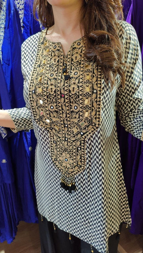 Criss Cross Black White with Gold Embroidery Coord Set