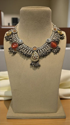 Oxidised Statement Choker Necklace with Red Stones
