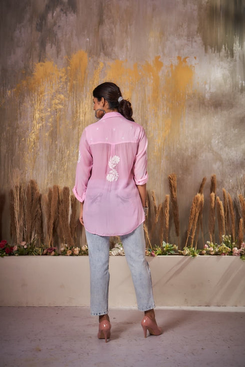 Pink Hand Embroidered Lucknowi Shirt