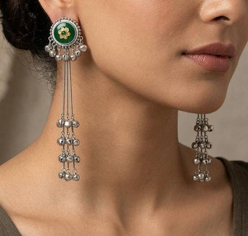 Green Silver Long Kashmiri Earrings