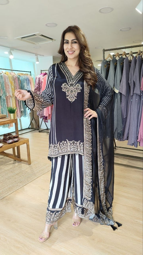 Black And White Striped Sharara Set