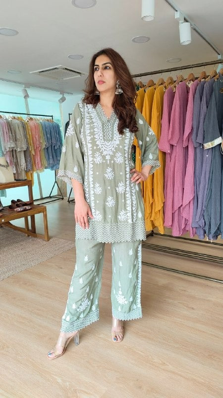 Lucknowi Green Zig Zag Coord Set