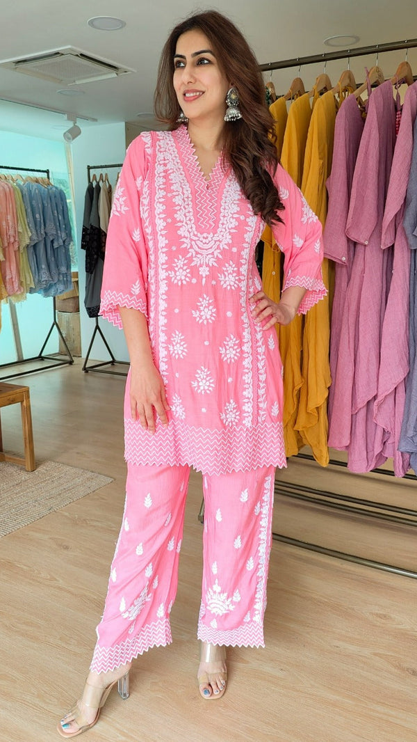 Lucknowi Pink Zig Zag Coord Set