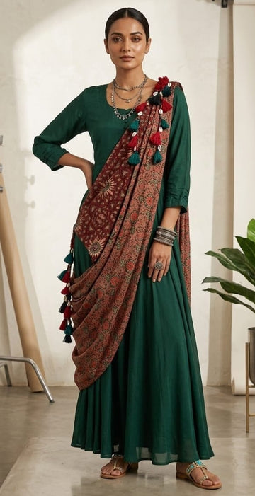 Green Dress With Detachable Reversible Scarf Dupatta
