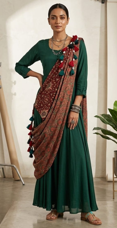 Green Dress With Detachable Reversible Scarf Dupatta