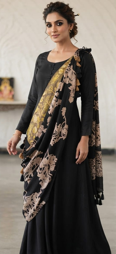 Black Dress With Detachable Reversible Scarf Dupatta