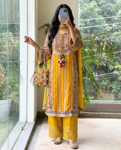 Yellow 4 Piece Kurta Set with Potli