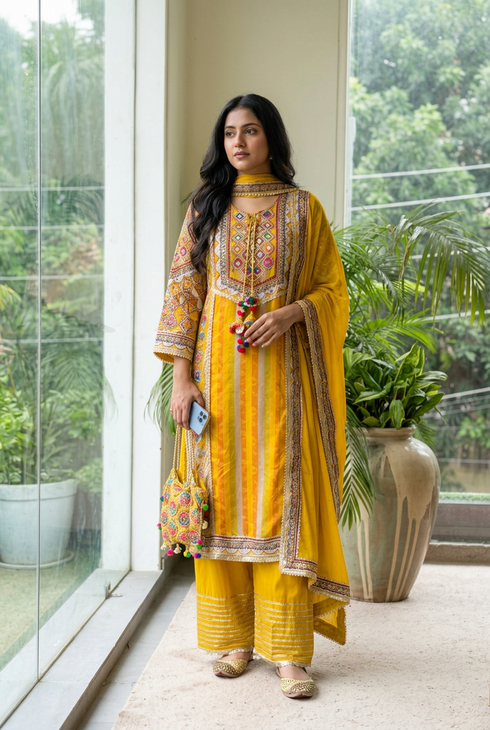 Yellow 4 Piece Kurta Set with Potli
