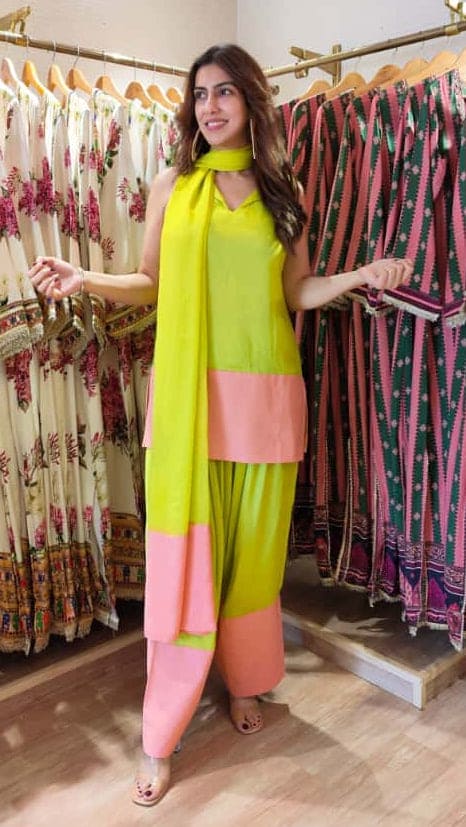 Green Pink Organza Duppatta Farshi Set