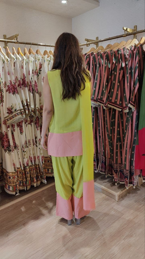 Green Pink Organza Duppatta Farshi Set