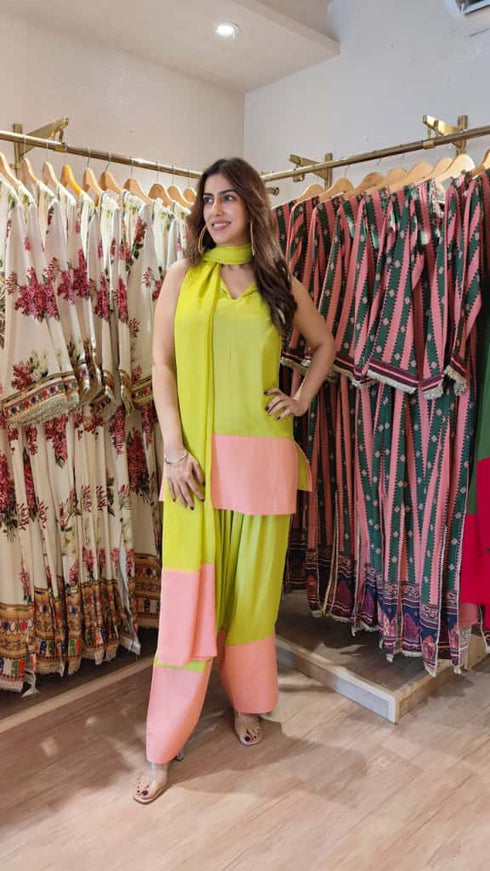 Green Pink Organza Duppatta Farshi Set