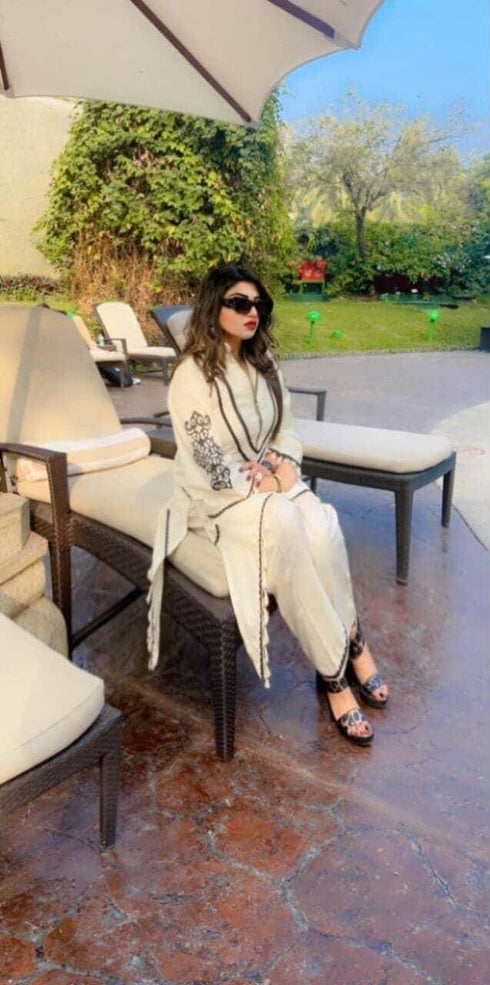Off White Zipper Kurta Pant Set