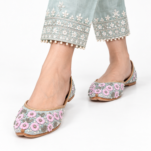 Pastel Blue Floral Embroidered Jutti with Sequin & Beadwork