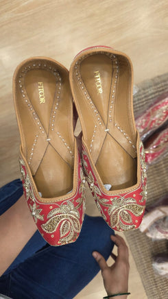 Red Embroidered Pure Leather Juttis