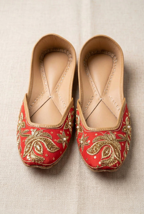 Red Embroidered Pure Leather Juttis