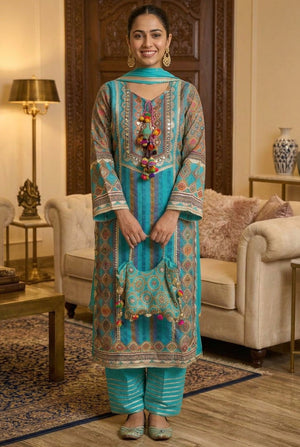 Blue 4 Piece Kurta Set with Potli