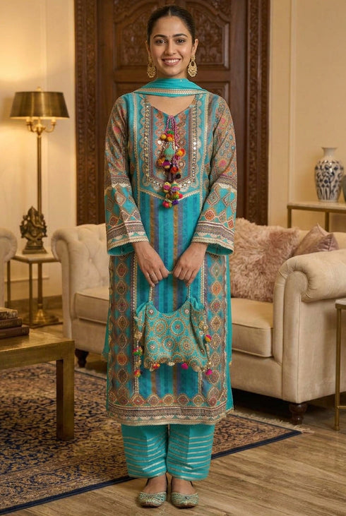 Blue 4 Piece Kurta Set with Potli
