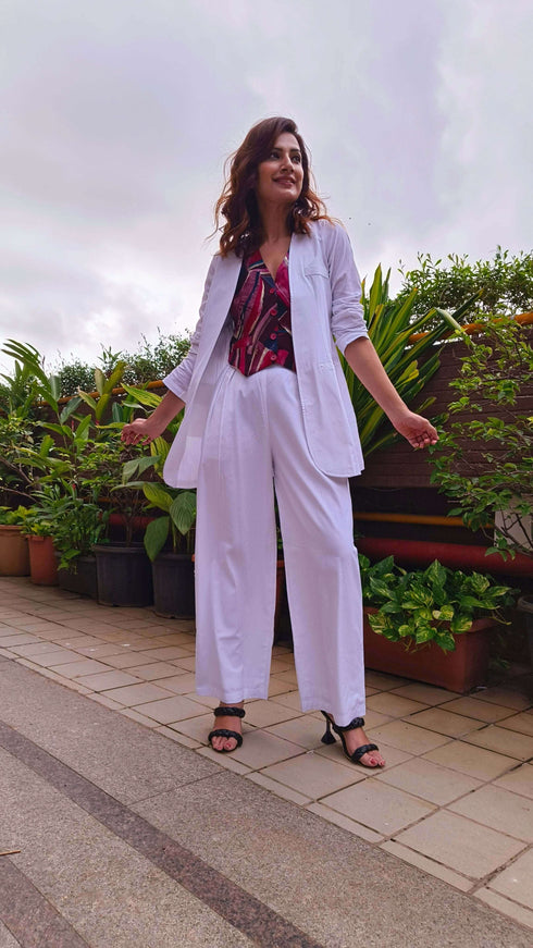 White Abstract Waist Coat Set