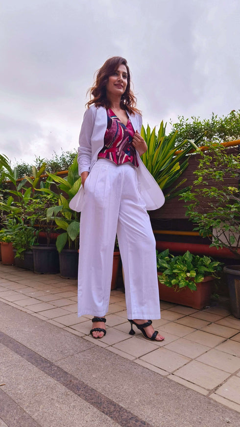 White Abstract Waist Coat Set