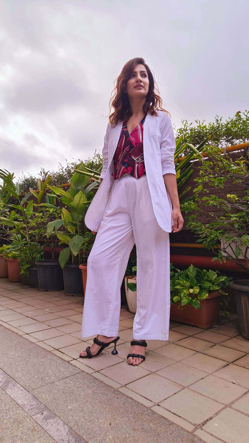 White Abstract Waist Coat Set