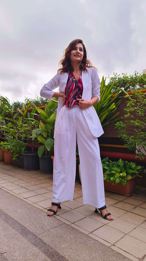 White Abstract Waist Coat Set