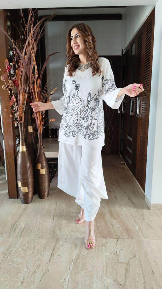 Off white & Black Girlish Collar Neck Side Knot Embroidered Coord set main image 0