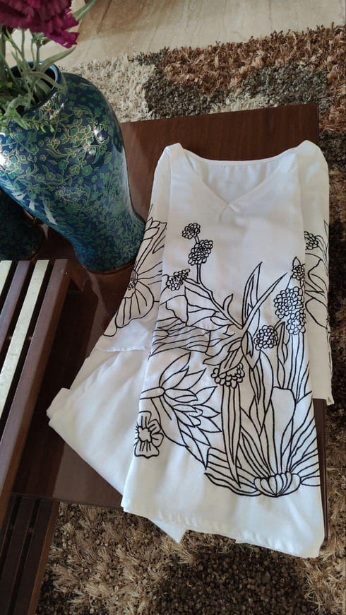 White Black Flower Embroidery Coord Set