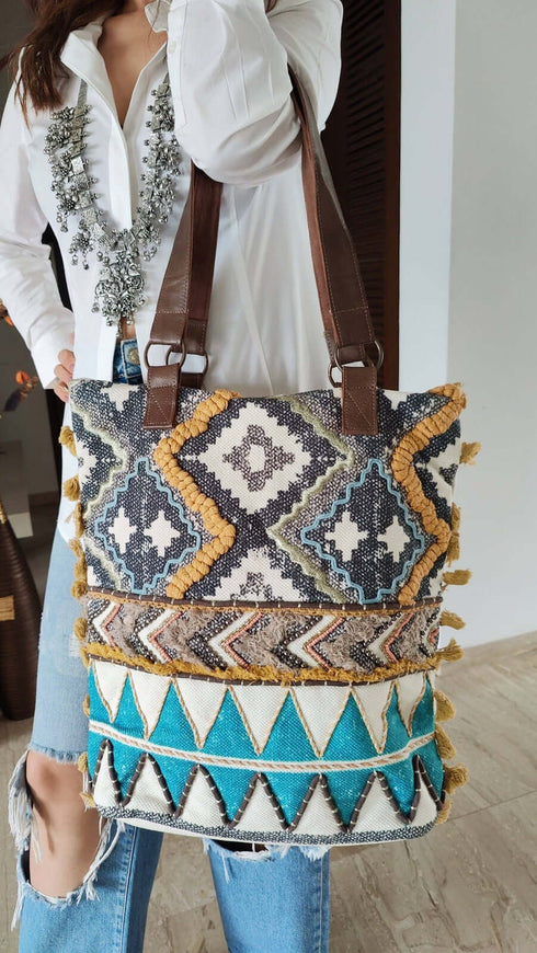 White Blue Ikat Banjara Handcrafted Embroidery Tote Bag