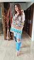 White Blue Ikat Banjara Handcrafted Embroidery Tote Bag